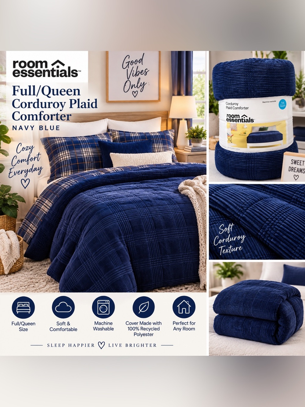 Room Essentials Full/Queen Corduroy Plaid Comforter Navy Blue 88x92 NWT